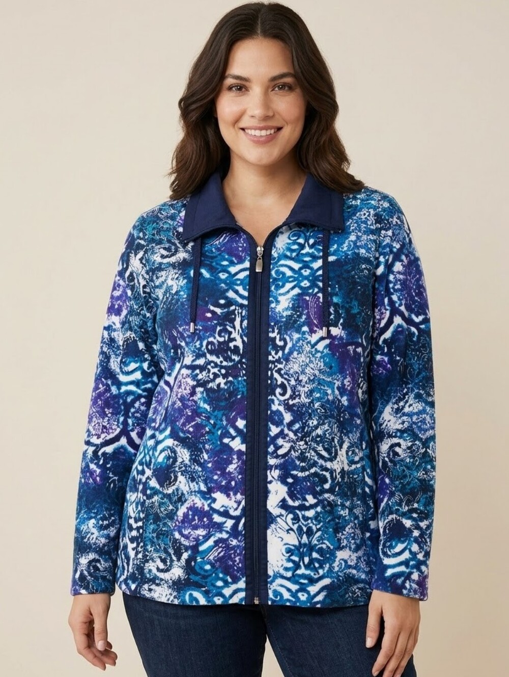 Alia Zip Front Cardigan Jacket Abstract Pattern Size XL - Soft & Cozy